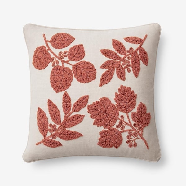 Throw Pillow Cover with Embroidered Orange Leaf Motif on Linen Base