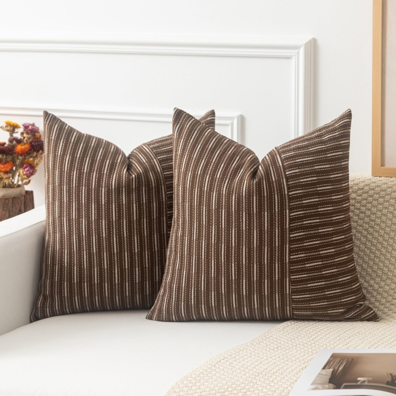 Throw Pillow Cover with Patchwork Design & Linen-Like Texture