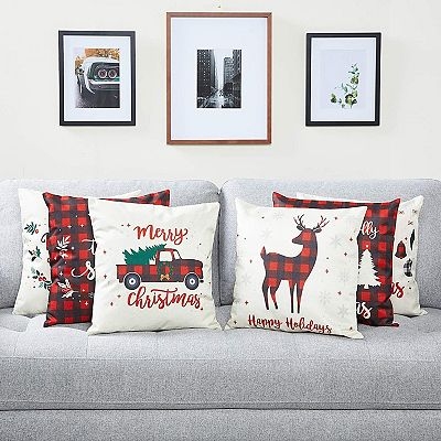 Throw Pillow Covers 6-Piece Set Red Truck & Plaid Motifs