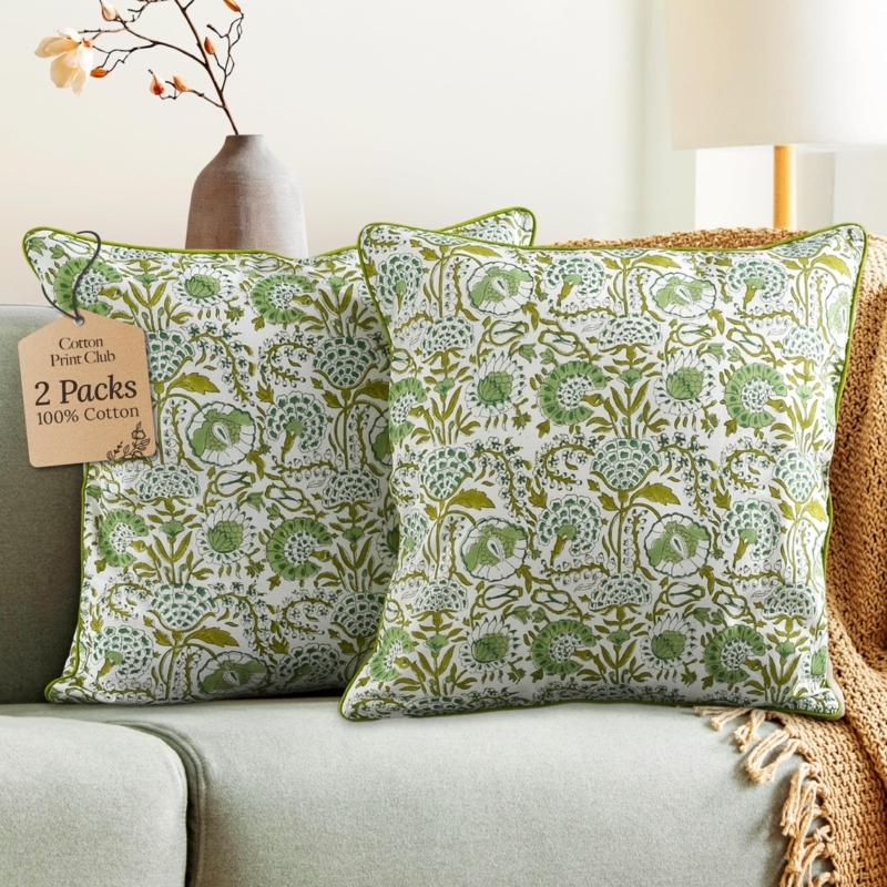 Throw Pillow Covers Agate Green Block Print Boho