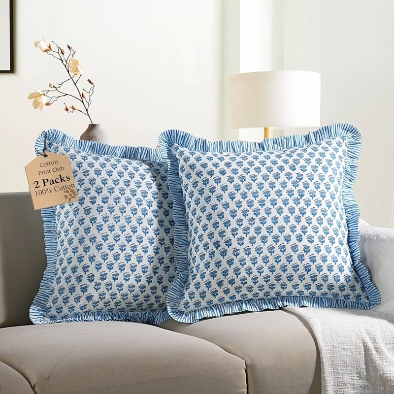 Throw Pillow Covers Blue Ticking Stripe Ruffled Edge