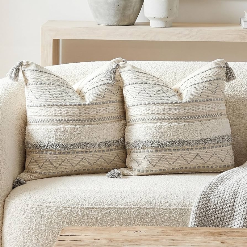 Throw Pillow Covers, Gray and Cream, Corner Tassels, Tufted Stripes, Boho