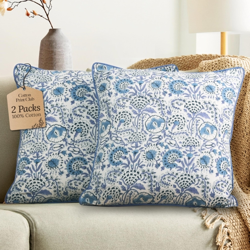 Throw Pillow Covers Indigo Botanical Print Piped Edge