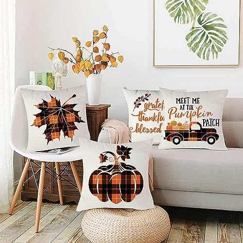 Throw Pillow Covers Mixed Harvest Motifs Cream Cozy Autumn Sofa Decor