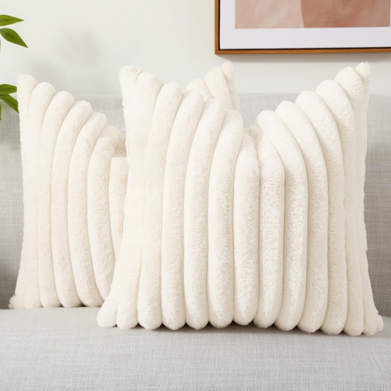 Throw Pillow Covers, Plush Striped Faux Fur Cream White, Set of 2