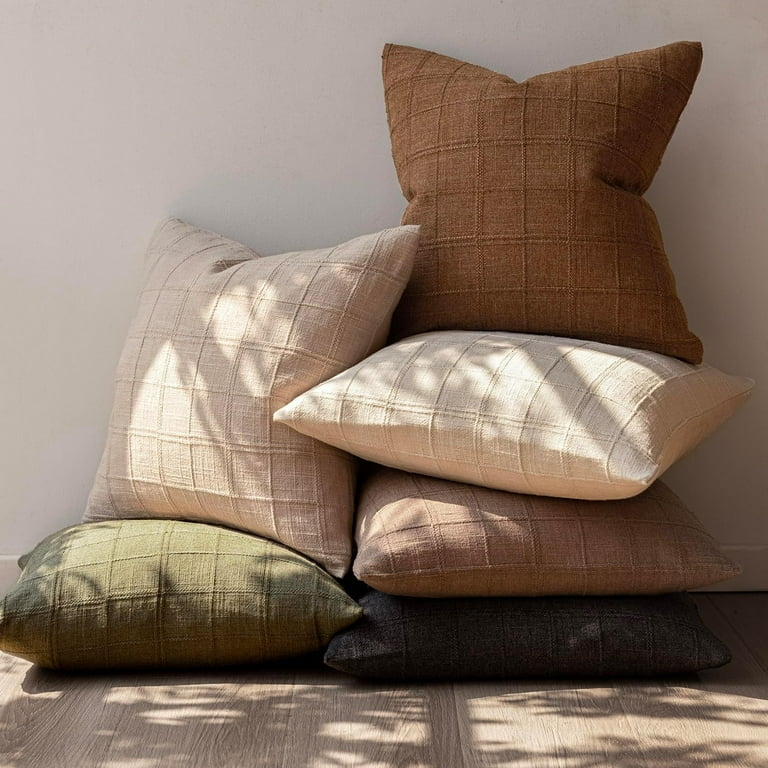 Throw Pillow Covers Set: Light Teal & Cream Buffalo Check, Linen-Like