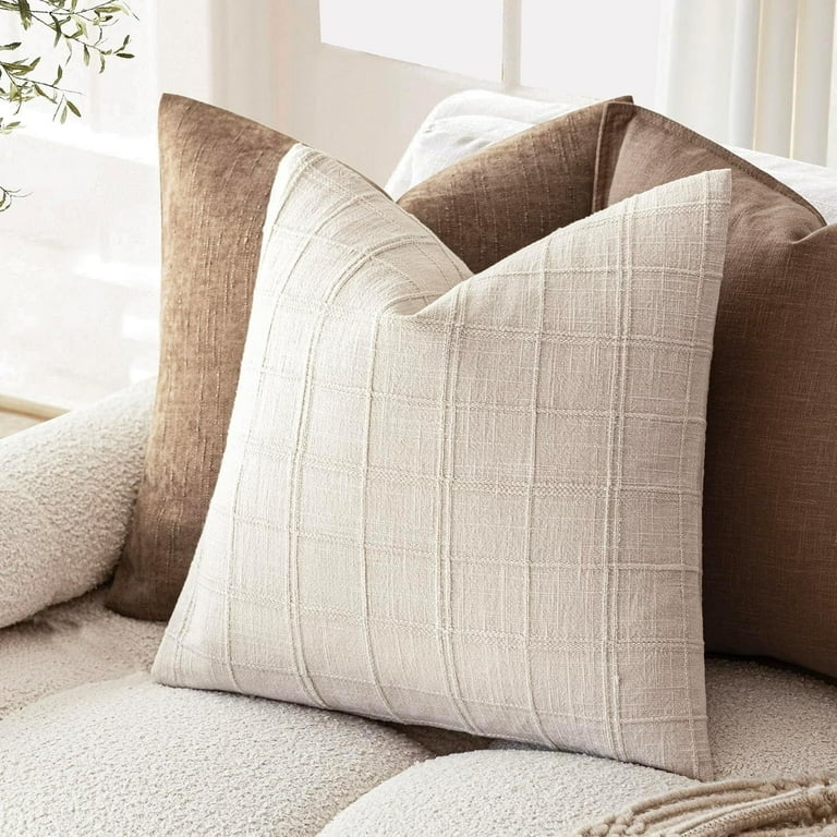 Throw Pillow Covers Set: Neutral Cream & Tan Woven Plaid Pattern
