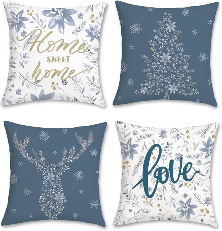 Throw Pillow Covers Set of 4 Blue Grey Winter Motifs