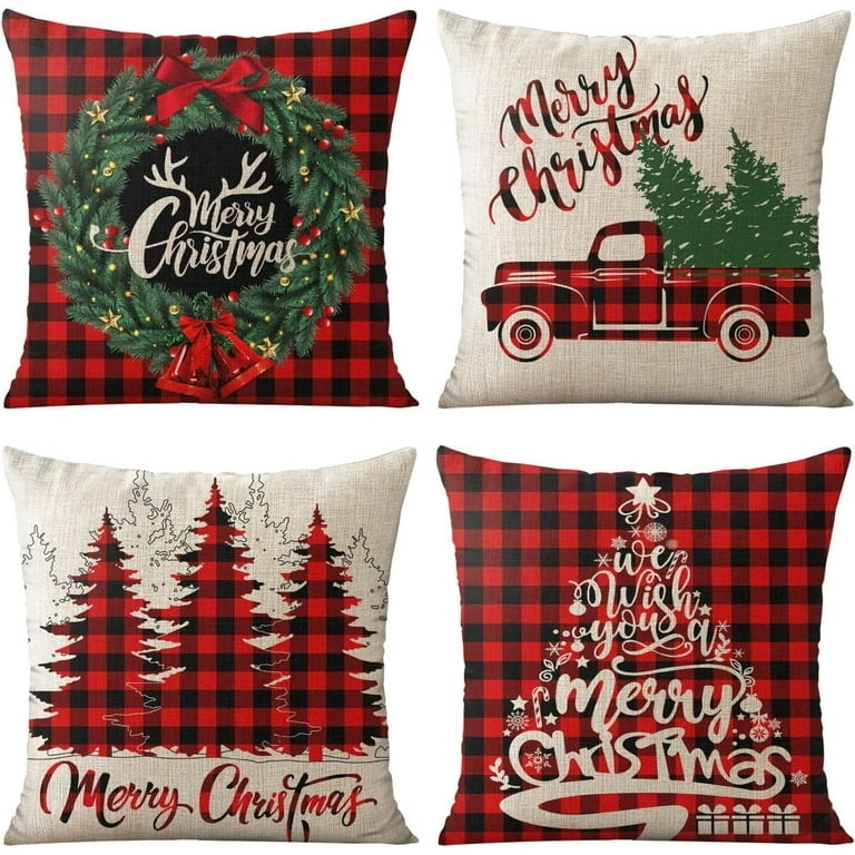 Throw Pillow Covers Set of 4 Buffalo Plaid Reindeer Motif