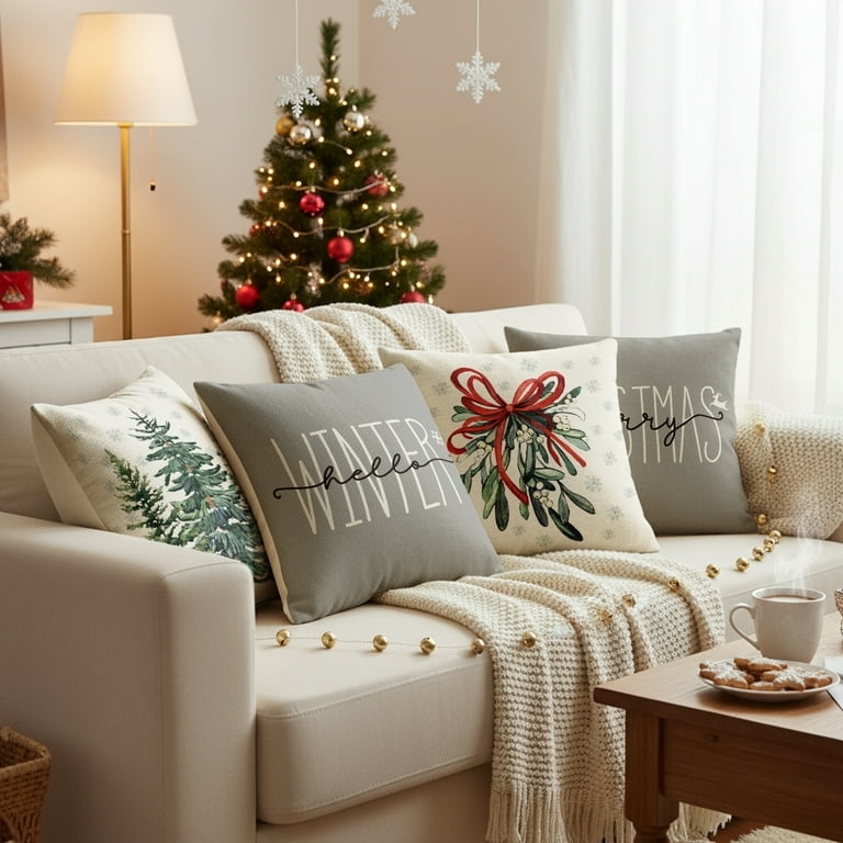 Throw Pillow Covers Set of 4 Watercolor Vintage Truck Holiday Accents