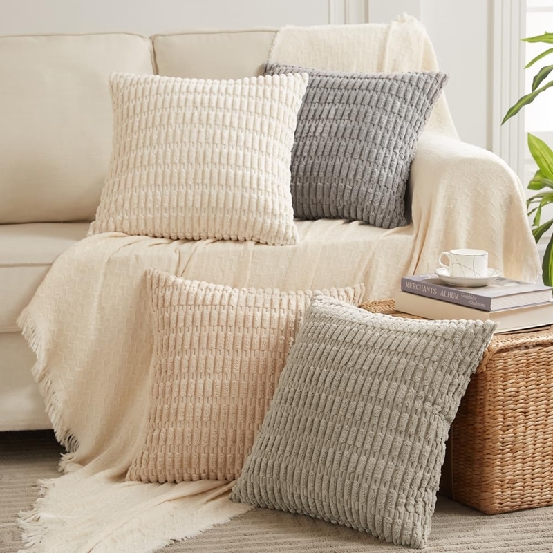 Throw Pillow Covers Set of 4, Wide Ribbed Corduroy Neutral Tonal