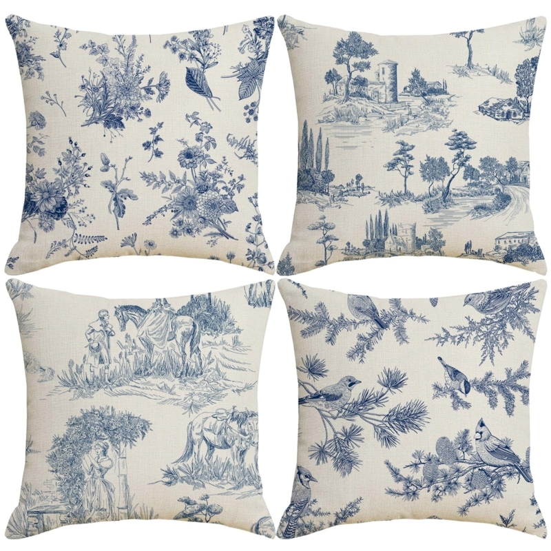 Throw Pillow Covers Set Of Four Blue Chinoiserie Traditional Decor