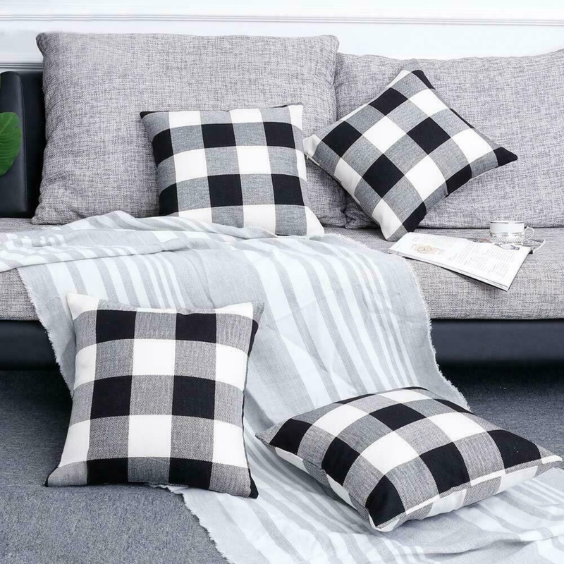 Throw Pillow Covers, Set of Four Buffalo Plaid Black & White