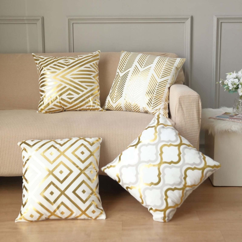 Throw Pillow Covers Set with Gold Foil Geometric Print, White Velvet.