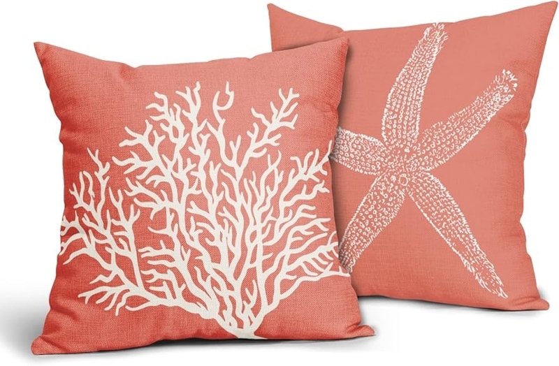 Throw Pillow Covers Teal Coral Motif Orange Accents Linen-Like Set