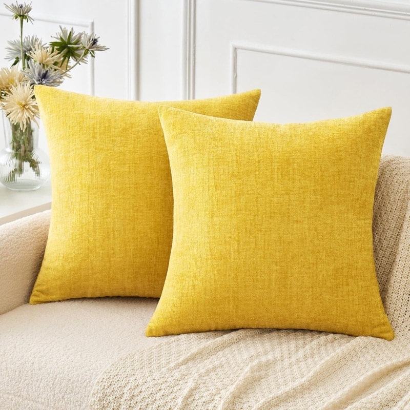 Throw Pillow Covers, Vibrant Yellow Ribbed Chenille Texture, Set of 2