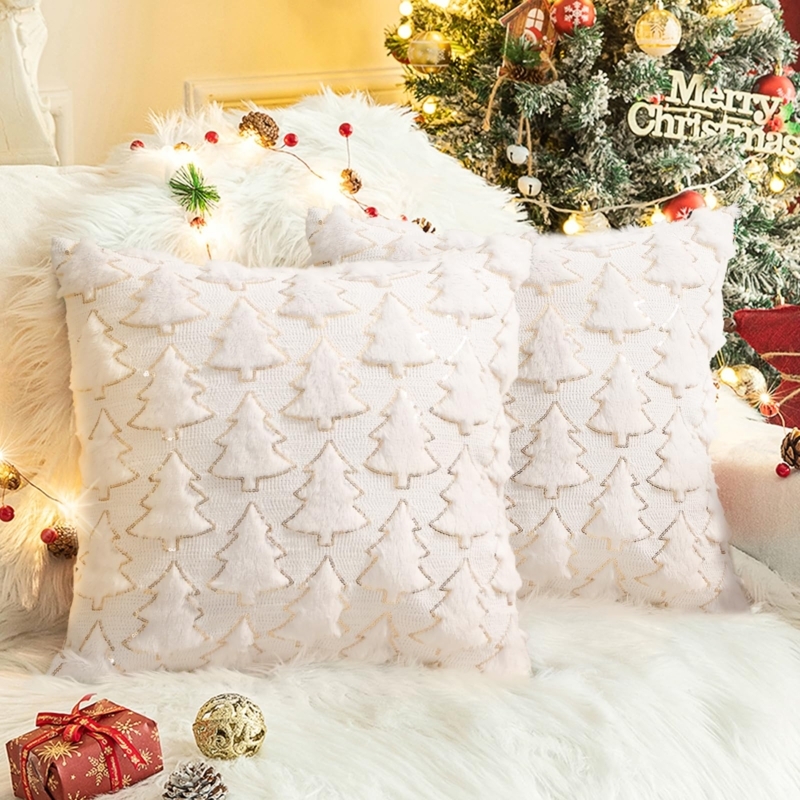 Throw Pillow Covers White Faux Fur Gold Sequin Tree Shimmering Accent