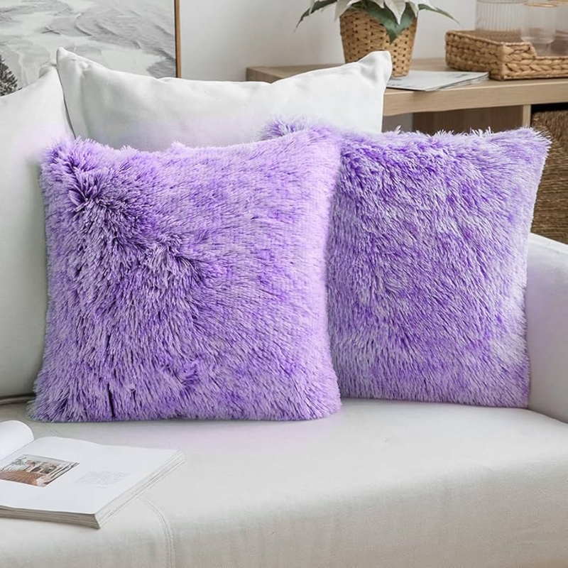 Throw Pillow Covers White Purple Ombre Shaggy Faux Fur, Plush