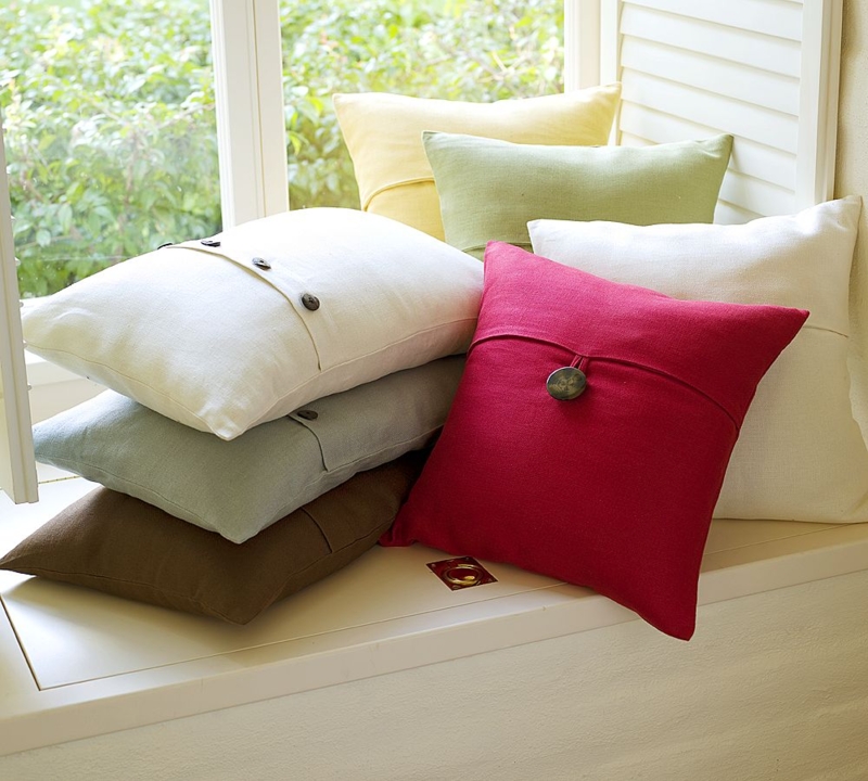 Throw Pillow Covers with Botanical Print and Center Seam Button Detail