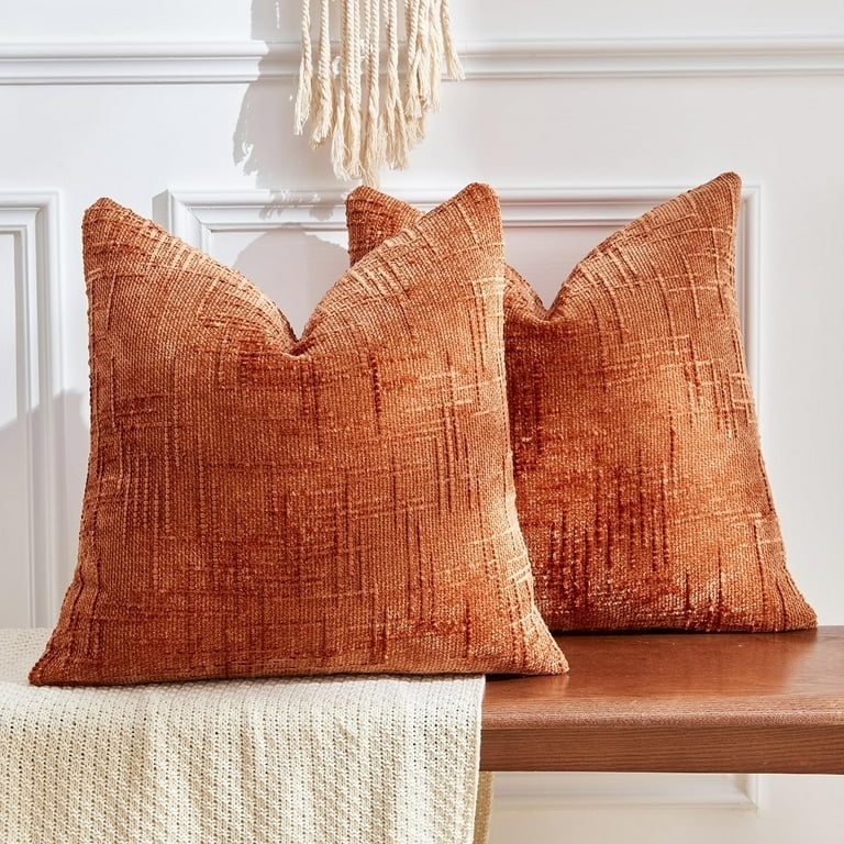 Throw Pillow Covers with Chunky Ribbed Chenille Weave, Burnt Orange