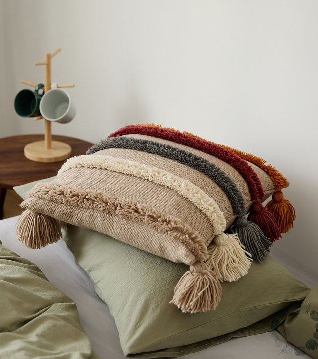 Throw Pillow Cozy Fall Stack Geometric Tufting Terracotta Tassels
