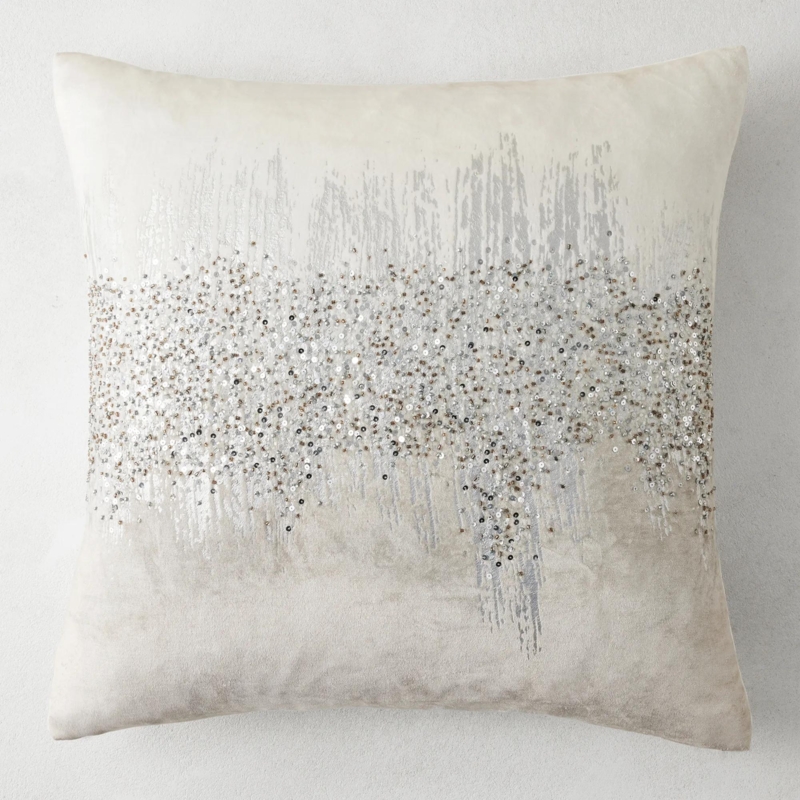 Throw Pillow crafted from charcoal velvet with shimmering script pattern