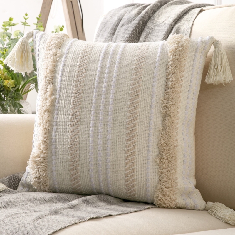 Throw Pillow Cream Black Stripes Shag Texture Artisanal Boho