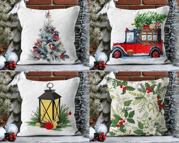 Throw Pillow Cream Woven Fabric Red Noel Botanical Embroidery