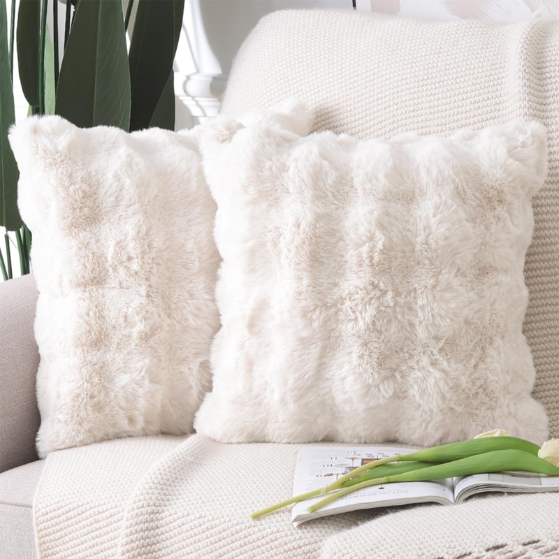 Throw Pillow Curly Faux Wool Cream Plush Boho Cushion