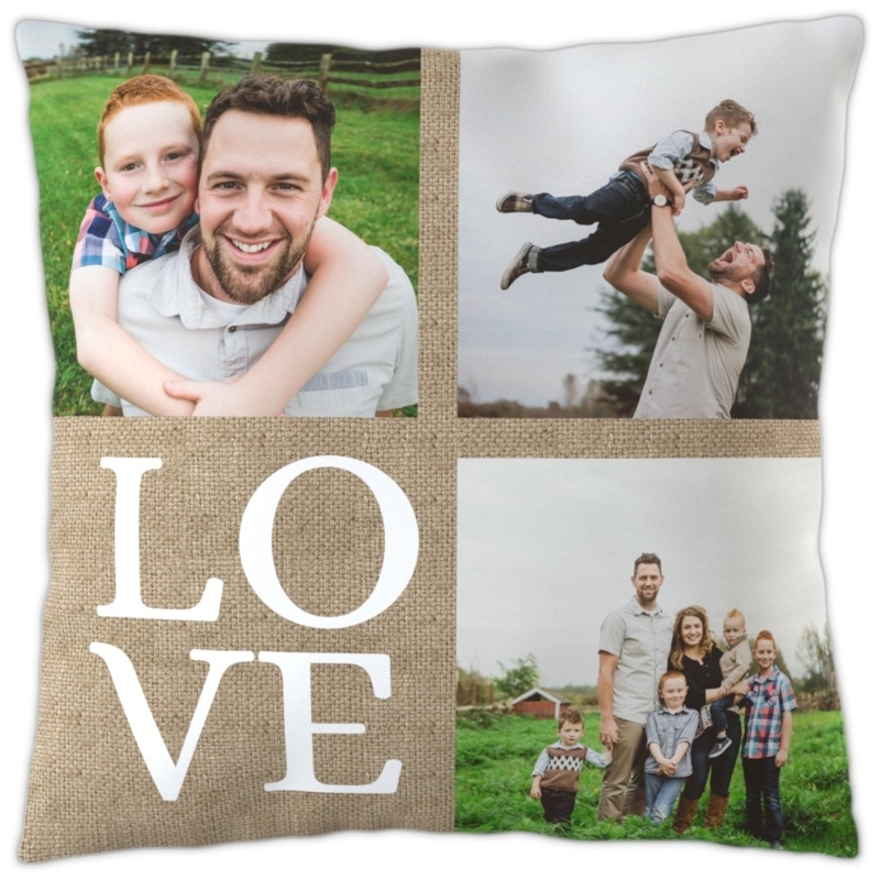 Throw Pillow, Custom Photo Collage, Burlap Print Background, Rustic Style