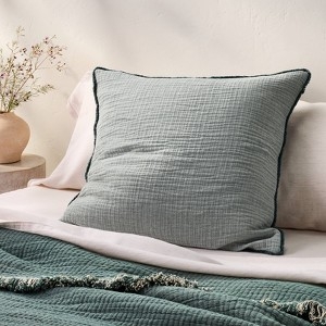Throw Pillow: Dark Teal Hue Chambray Texture, Flanged Border Minimalist.