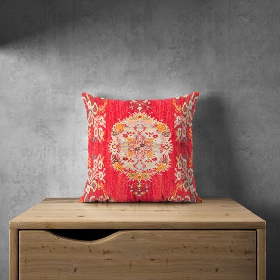 Throw Pillow: Deep Red Intricate Vintage Boho Print, Matte Finish