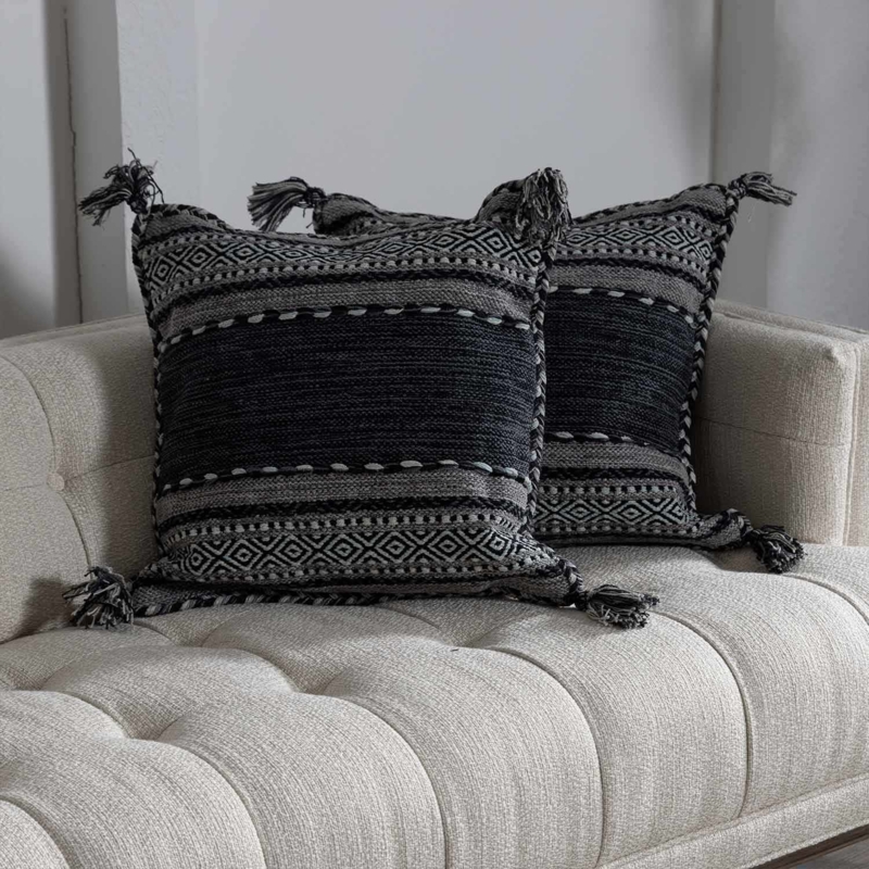 Throw Pillow Diamond Pattern Geometric Fringe Modern Global Black White