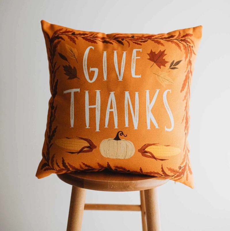 Throw Pillow Distressed Print Give Thanks Primitive Style Seasonal