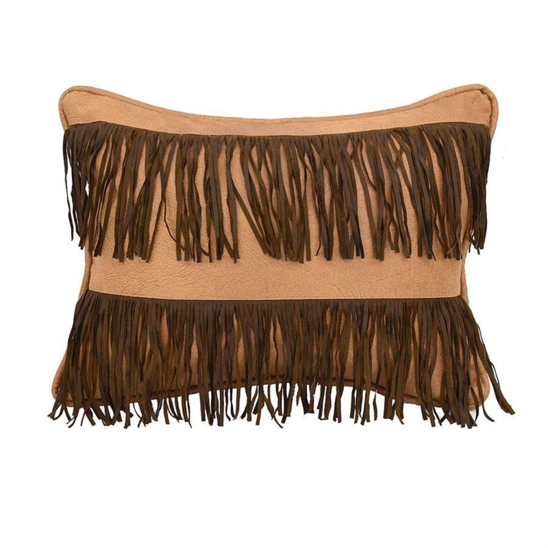 Throw Pillow Double Row Fringe Tan Faux Leather Western Style