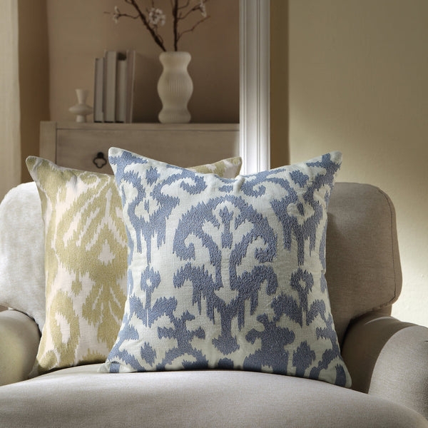 Throw Pillow Dusty Blue Ikat Hand Embroidered Piped Edge