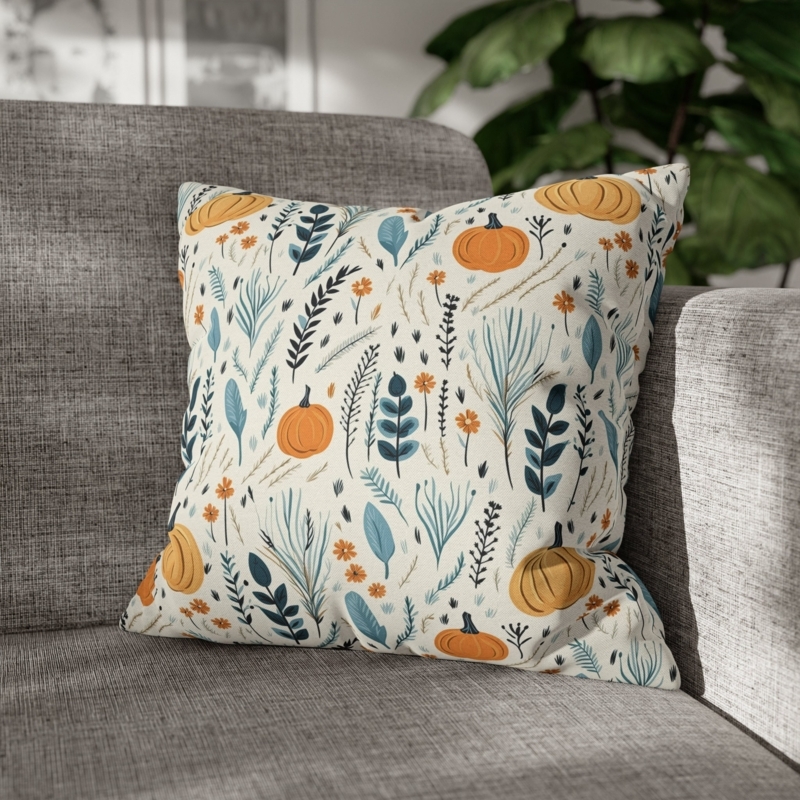 Throw Pillow Dusty Blue Palette Pumpkin Motif Woven Texture Rustic Boho