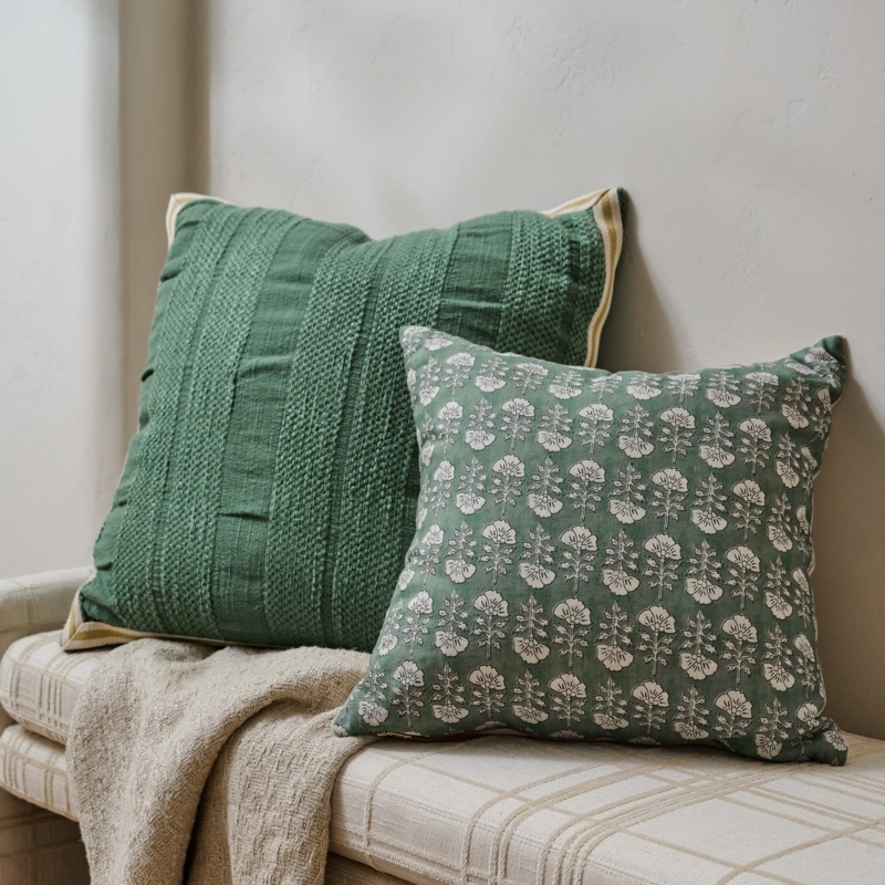 Throw Pillow: Dusty Green Botanical Print with Flange Edge & Linen Feel