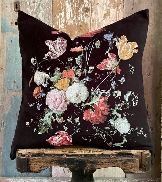 Throw Pillow Dutch Floral Motif Black Velvet Base Moody Decor