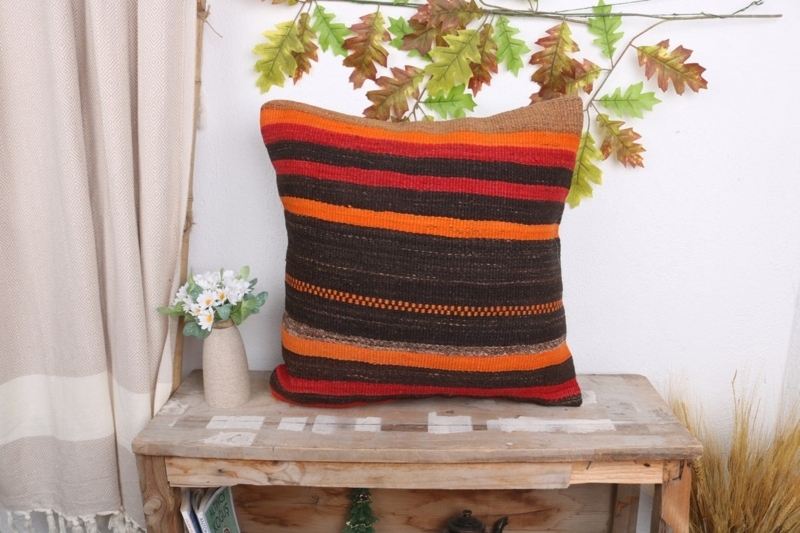 Throw Pillow: Earthy Brown Woven Kilim Texture, Horizontal Stripes