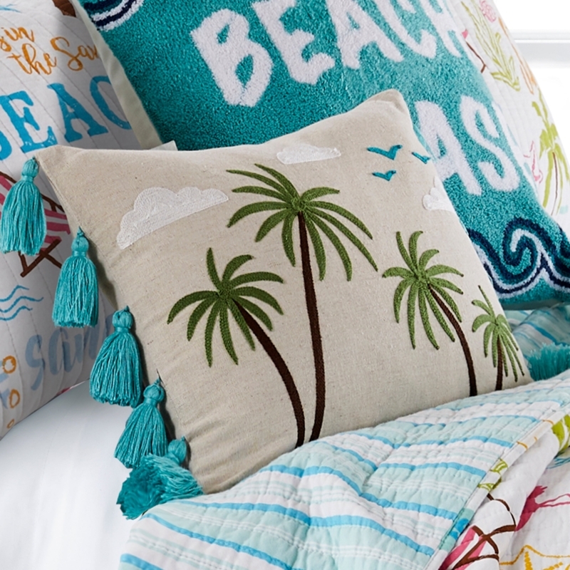 Throw Pillow Embroidered Palm Tree Teal Corner Tassels Tropical Decor
