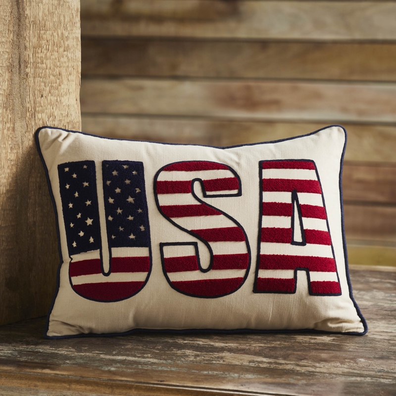 Throw Pillow, Embroidered USA Design with Red Piped Trim, Patriotic