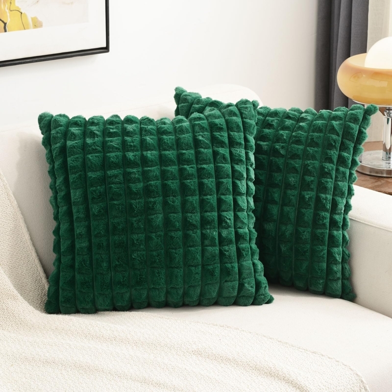 Throw Pillow: Emerald Green Faux Fur, Fluffy Plaid Grid Texture