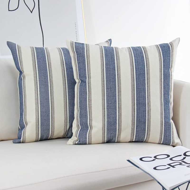 Throw Pillow Farmhouse Blue Striped Linen Like Outdoor Patio Decor