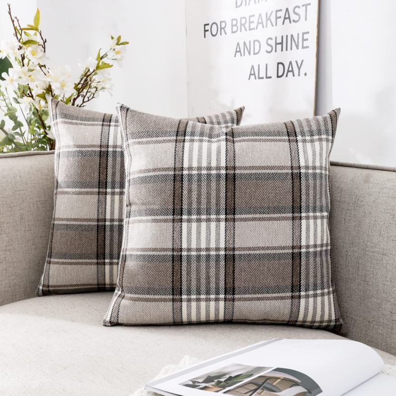 Throw Pillow Farmhouse Brown Plaid Throw Pillows with Textured Weave