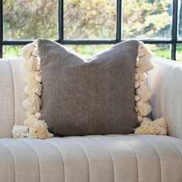 Throw Pillow Farmhouse Chenille Weave Linear Pattern Cream Tassels