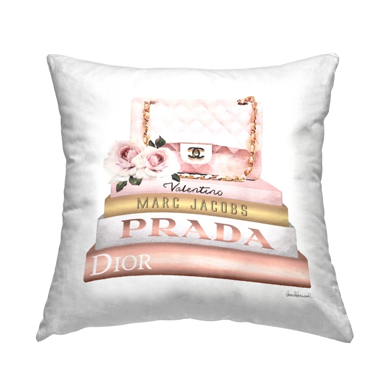 Throw Pillow Fashion Bookstack Graphic Pink Purse Illustration