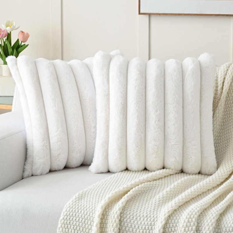 Throw Pillow Faux Fur Stripes Plush Ribbing Cream White