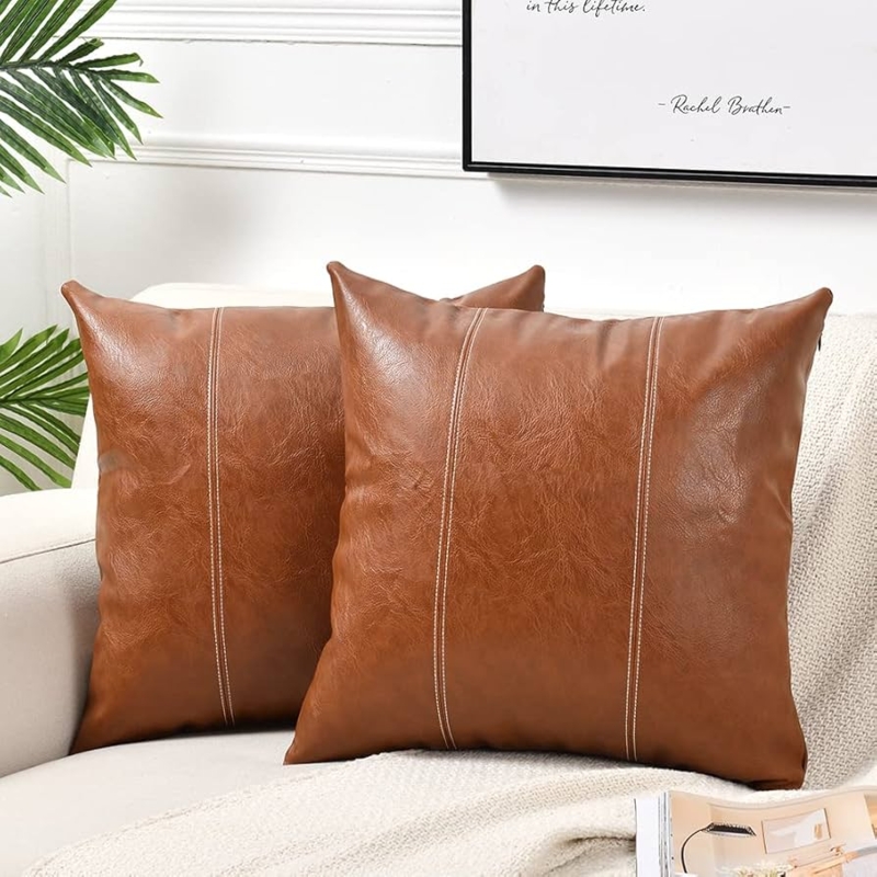 Throw Pillow: Faux Leather, White Whipstitch Edge for Rustic Decor