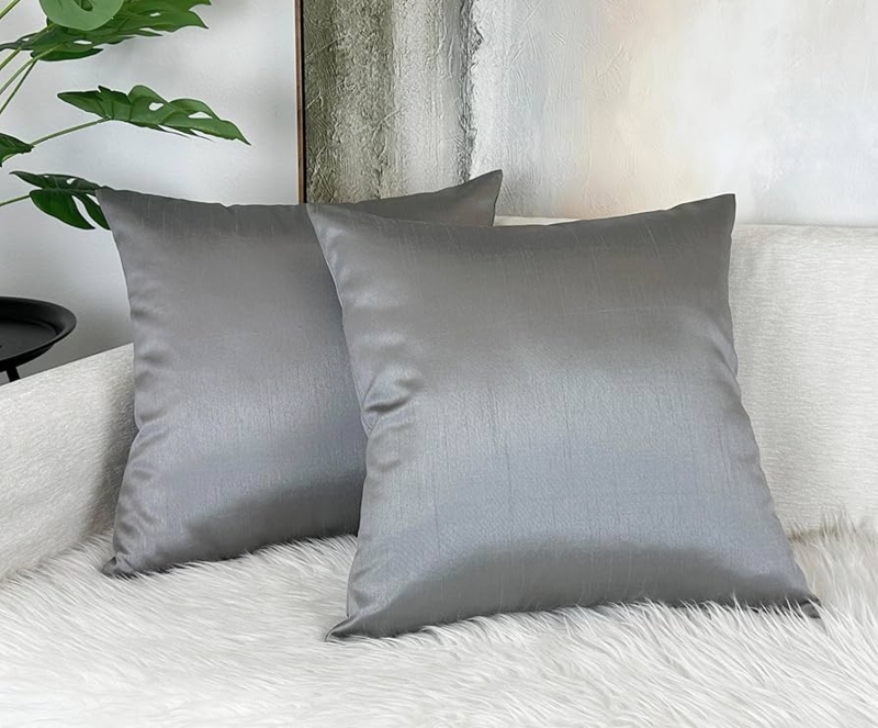 Throw Pillow: Faux Silk Lustrous Sheen with Piped Edges in Charcoal Hue